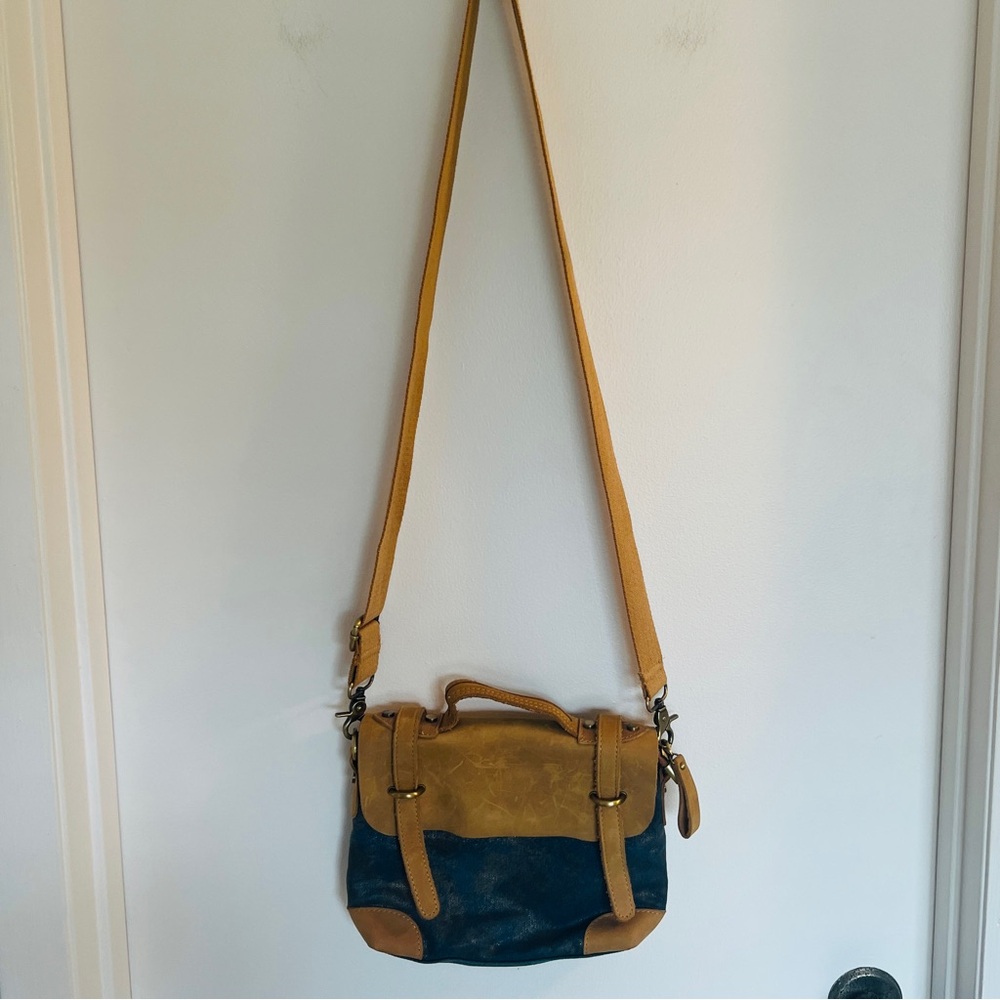 Anthropologie, Jesslyn Blake, Tan and‎ Blue, Leather Crossbody Bag, New